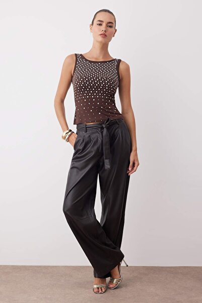 Trendyol Collection Brown Plain Boat Neck Sleeveless Knitted Sandy Party Blouse Tpraw26Bz00028