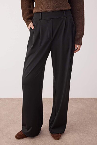 Trendyol Collection Black Straight Wide Leg/Wide Cut Elastic Pleated Stretchy Knitted Pants Twoaw26Pl00058