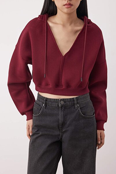Trendyol Collection Burgundy Thick Fleece Inside Hooded V-Neck Relaxed Fit Crop Knitted Sweatshirt Twoaw23Sw00096
