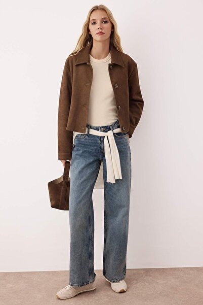 Trendyol Collection Blugi albastri vintage cu spălare, talie normală, cu picioare largi TWOAW26JE00186