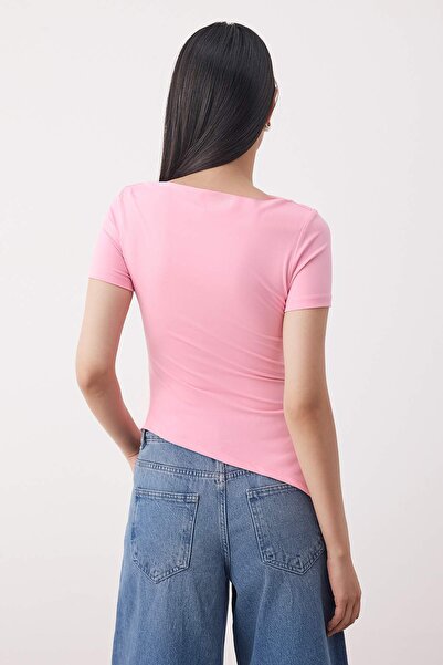 Trendyol Collection Pink Boat Neck Asymmetric Body Fitting Stretch Knitted Blouse Twoss25Bz00603