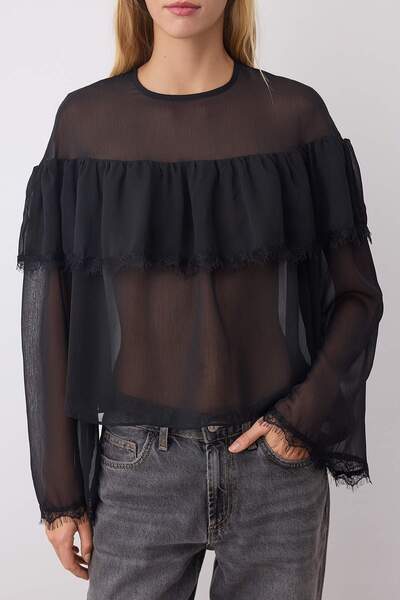 Trendyol Collection Black Transparent Chiffon Lace Detailed Crew Neck Blouse Woven Blouse Twoaw26Bz00055