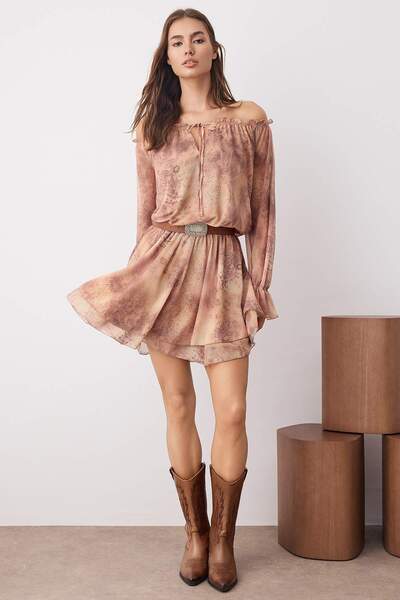 Trendyol Collection Σολομός Abstract Ruffle Κοντό/Μίνι Πλεκτό Φόρεμα Skater TWOAW26EL00048