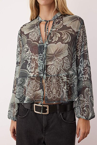 Trendyol Collection Khaki-Multicolored Boho Floral Pattern Unlined Chiffon Shirt Twoaw26Go00057