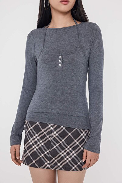Trendyol Collection Teen Anthracite Melange Fitted/Bodycon Double-Look Knitted Blouse Twoaw26Bz00177