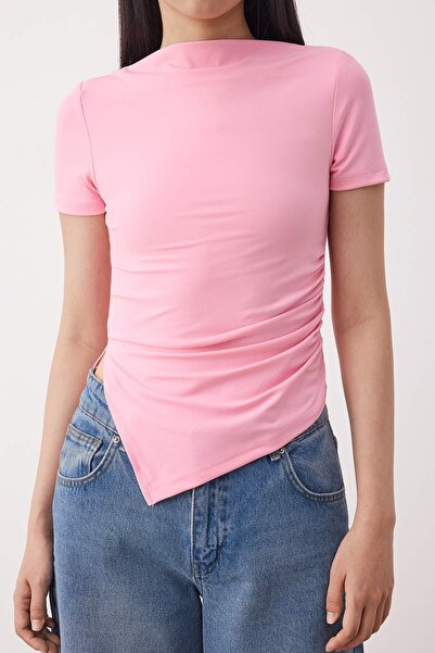 Trendyol Collection Pink Boat Neck Asymmetric Body Fitting Stretch Knitted Blouse Twoss25Bz00603