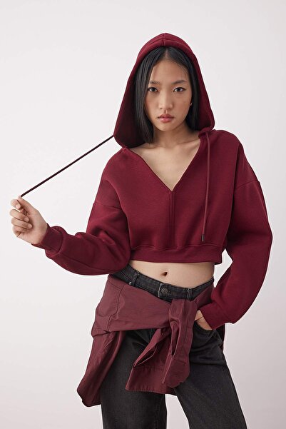 Trendyol Collection Burgundy Thick Fleece Inside Hooded V-Neck Relaxed Fit Crop Knitted Sweatshirt Twoaw23Sw00096