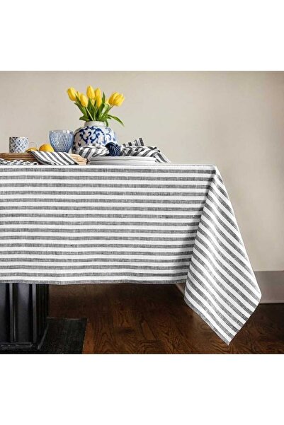 HOME ART ATELIER hand made مفرش طاولة من القطن الخام والكتان - رمادي مخطط