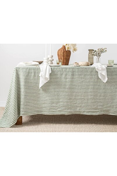 HOME ART ATELIER hand made مفرش طاولة من الكتان الفاخر ذو خطوط خضراء - مفرش طاولة عتيق