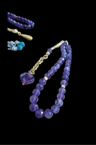 arzela Doğal Taş AMETİST KRISTAL KESİM ERKEK TESBİH 33 LÜ 8mm taş ve LEPİDOLİT TAŞ UÇ