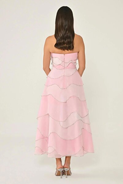 ALFABETA Strapless Stoned Layered Organza Midi Dress