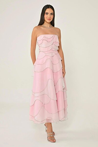 ALFABETA Strapless Stoned Layered Organza Midi Dress