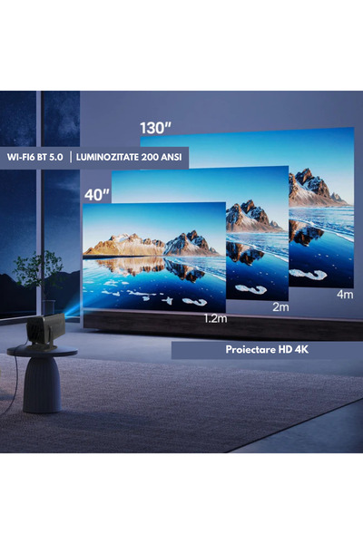 OEM Portable Projector, Black, 16:9, 1280 x 720 px, Wi-Fi 6, BT 5.0, 1080p 4K, 180 Degree Rotation, 200