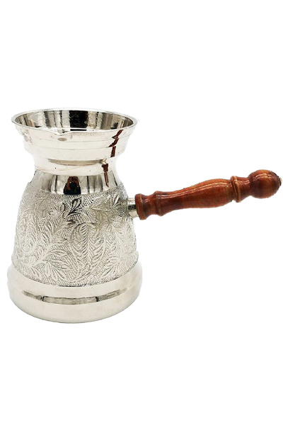 ELEGANT HOME إبريق قهوة تركي نحاس بمقبض خشبي 14 سم، سعة 5 أكواب، لون فضي