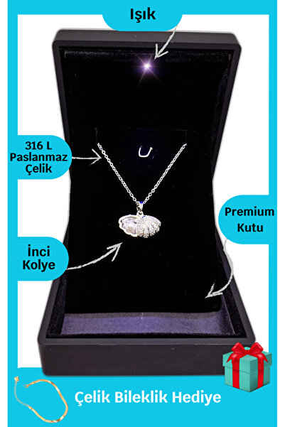 ganispe Doğum Günü Hediye | Işıklı Premium Kutu | Gümüş İnci Kolye Çelik Koly...