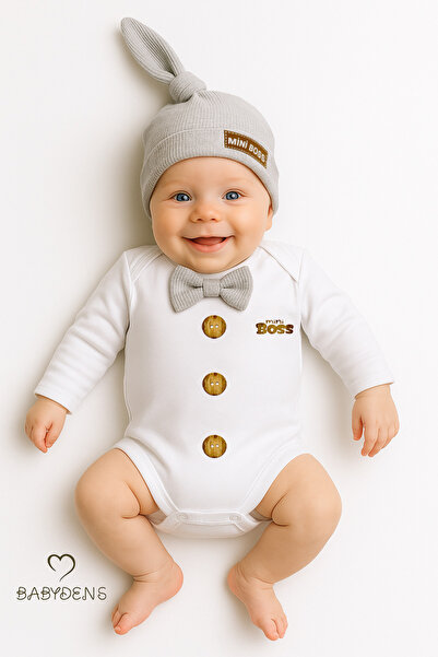 BABYDEN'S طقم ملابس أطفال أولادي بأكمام طويلة وقبعة من Little Boss مع طباعة أزرار وربطة عنق، 100% قطن