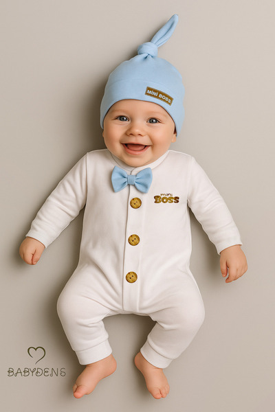 BABYDEN'S طقم بذلة وقبعة للأطفال الرضع من Little Boss بأزرار وربطة عنق وأكمام بأصفاد، بذلة أطفال قطنية 100%