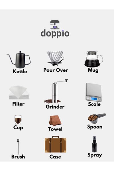 DOPPİO ماكينة صنع القهوة اليدوية V60 Premium Pour Over من DOPPIO، 12 قطعة، مع مجموعة مطحنة يدوية وقطر