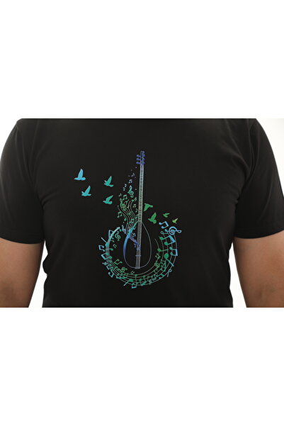 Butik Kuşlu Notalı Bağlama Desenli Basic T-Shirt