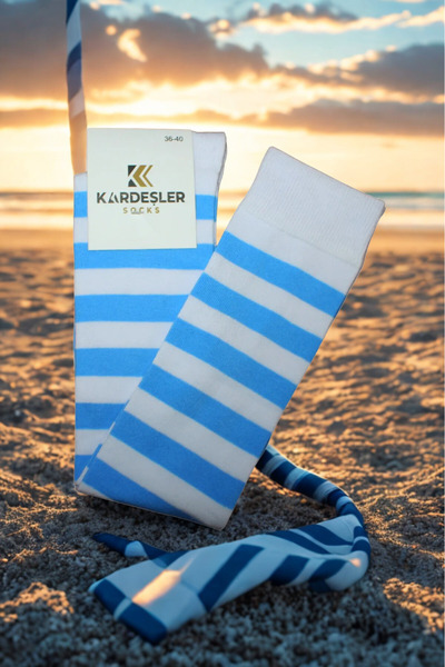 KARDEŞLER ÇORAP Blue Striped White Knee High Cotton Socks