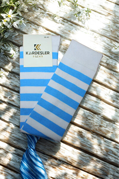 KARDEŞLER ÇORAP Blue Striped White Knee High Cotton Socks
