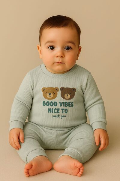 MixMax Bebe Baby Boy Good Vibes Teddy Bear Printed Bottom Top Long Sleeve Baby Set
