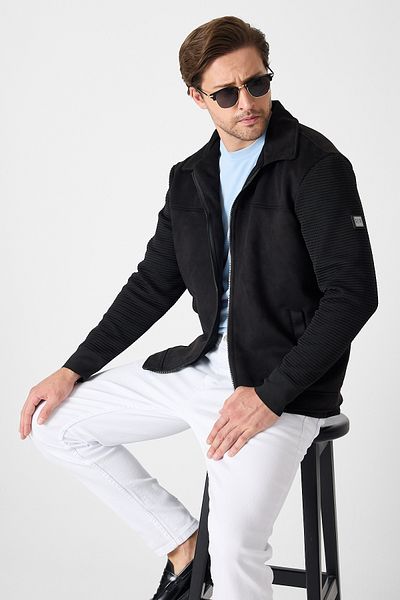 GEİO Men's Regular Fit Collar Zippered Lined Sleeve Knitted Nubuck Jacket/Coat
