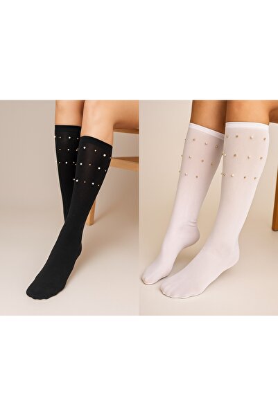 shefox 2 чифта дамски микро тънки чорапи до коляното с перли и блясък