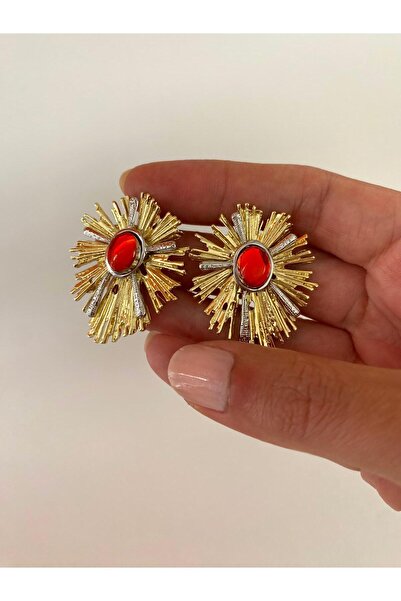 marsel aksesuar Special Series Fringed Red Stone Gold Brass Earrings