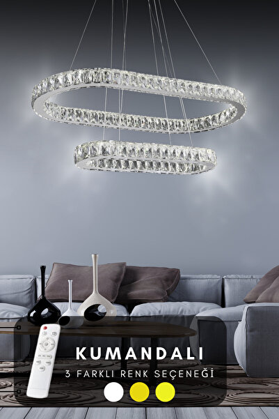 bestof tasarım Oval 2 Katlı Modern Sarkıt Kristal Taşlı Led Kumandalı 3 Renk Avize