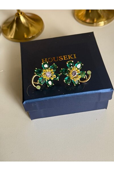 HOUSEKİ Mavi Taşlı Büyük Çiçekli Küpe