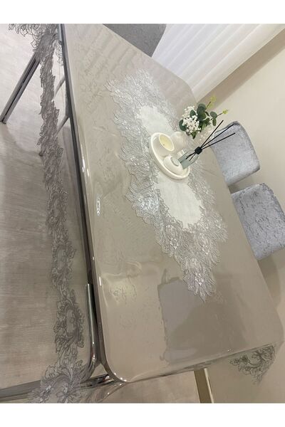 Altın Çeyiz Tekstil Gri Çınarlı Runner'lı Şeffaf Masa Örtüsü Pvc