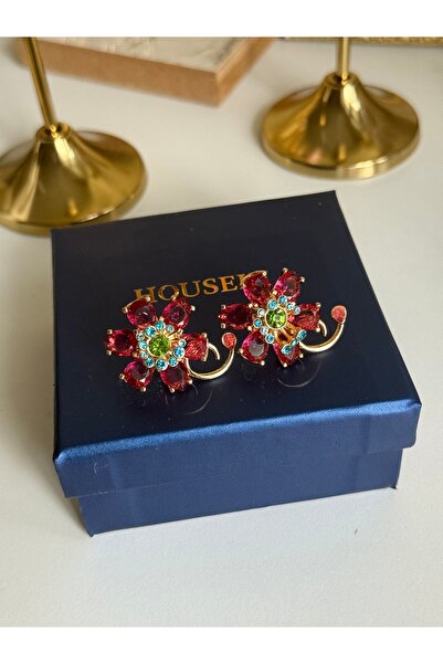 HOUSEKİ Pembe Taşlı Büyük Çiçek Küpe