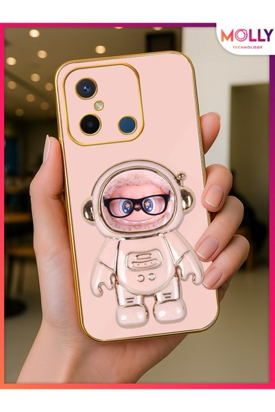 Molly Technology Rose Labubu Astronaut Stand Luxury Silicone Case with Gold D...
