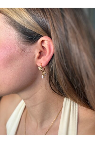 HOUSEKİ Gerçek İncili Vintage Halka Küpe Gül Detaylı