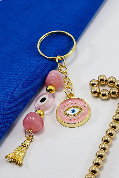 biuti Candy Pink Flat Evil Eye Beaded Keychain with Eye Figure, Gift Keychain