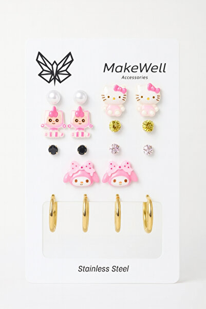 MakeWell 925s Gümüş İğneli My Melodi Kuromi Hello Kity İnci Küpeli Siyah Pembe Küpeli Halka Çelik Küpeli Set
