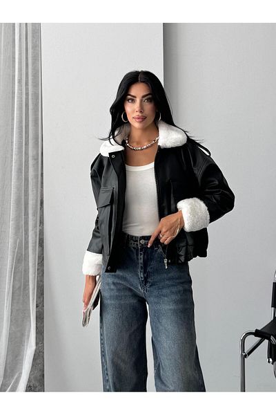 FERZOLAİO Black Leather Jacket with White Fur Collar and Bellows