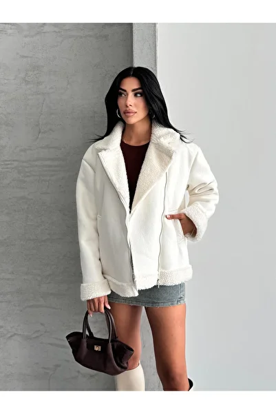 FERZOLAİO Double Breasted Collar White Leather Jacket