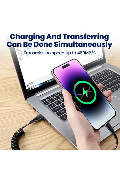 Fibaks iPhone 8 X Xs Xr 11 12 13 14 Pro Max Plus Uyumlu 1 Metre Spiralli Hızlı Şarj ve Data Kablosu