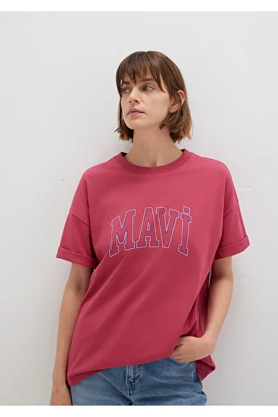 Mavi Różowa koszulka z nadrukiem z logo Regular Fit / Normalny krój 1611193-70931