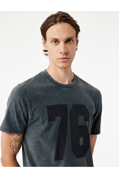 Koton Regular Fit Short Sleeve Crew Neck Washed Cotton Printed T-Shirt
