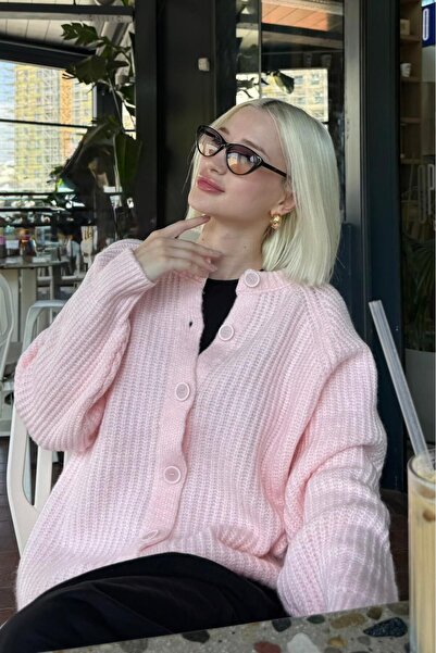 Madmext Pembe Bisiklet Yaka Selanik Örgü Düğmeli Kadın Hırka Mg2487