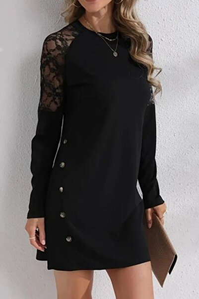 Mossta Μίνι φόρεμα με μακρυμάνικο δαντέλα και λεπτομέρεια με κουμπιά - Μαύρο