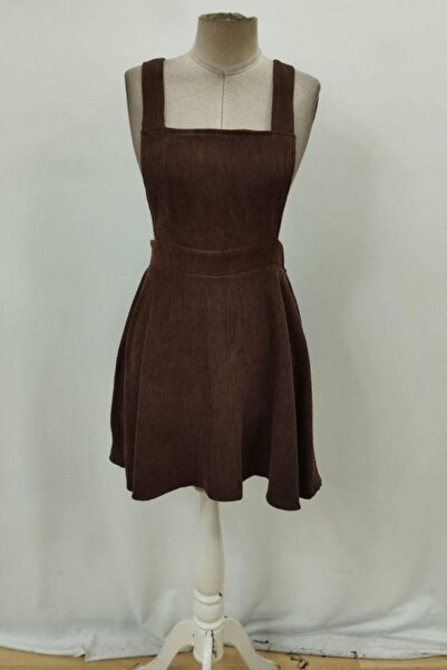 Mossta Sırttan Çapraz Detaylı Kloş Kadife Elbise - Kahve