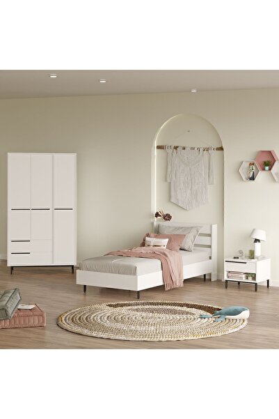 Yurupa Bohem Karyola Komodin Gardırop Genç Odası Takımı 3'Lü Set Beyaz BOH23-W