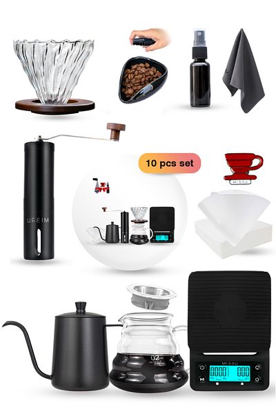 MIBRU V60 Coffee Maker Set 10 Pack Premium Pour Over Manual Coffee Tools With Manual Grinder Size 02 Set