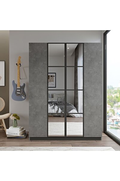 Yurupa Teeny 4 Kapaklı Çekmeceli Aynalı Gardırop Elbise Dolabı Beton TEE2-RG
