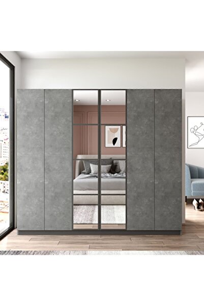 Yurupa Teeny 6 Kapaklı Çekmeceli Aynalı Gardırop Elbise Dolabı Beton TEE3-RG