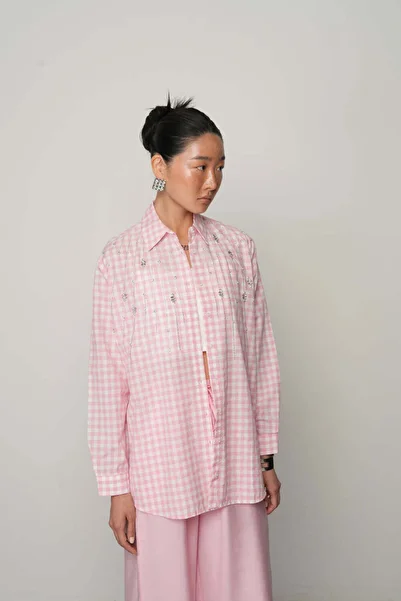 Orfeo Negro Robe Stone Embroidered Oversize Gingham Women's Shirt - Pink Plaid